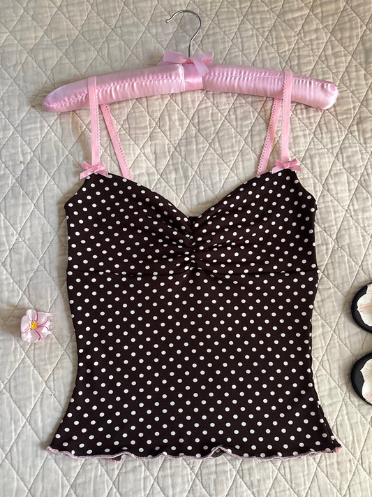 Cleo top in ‘mocha dot + bubblegum’