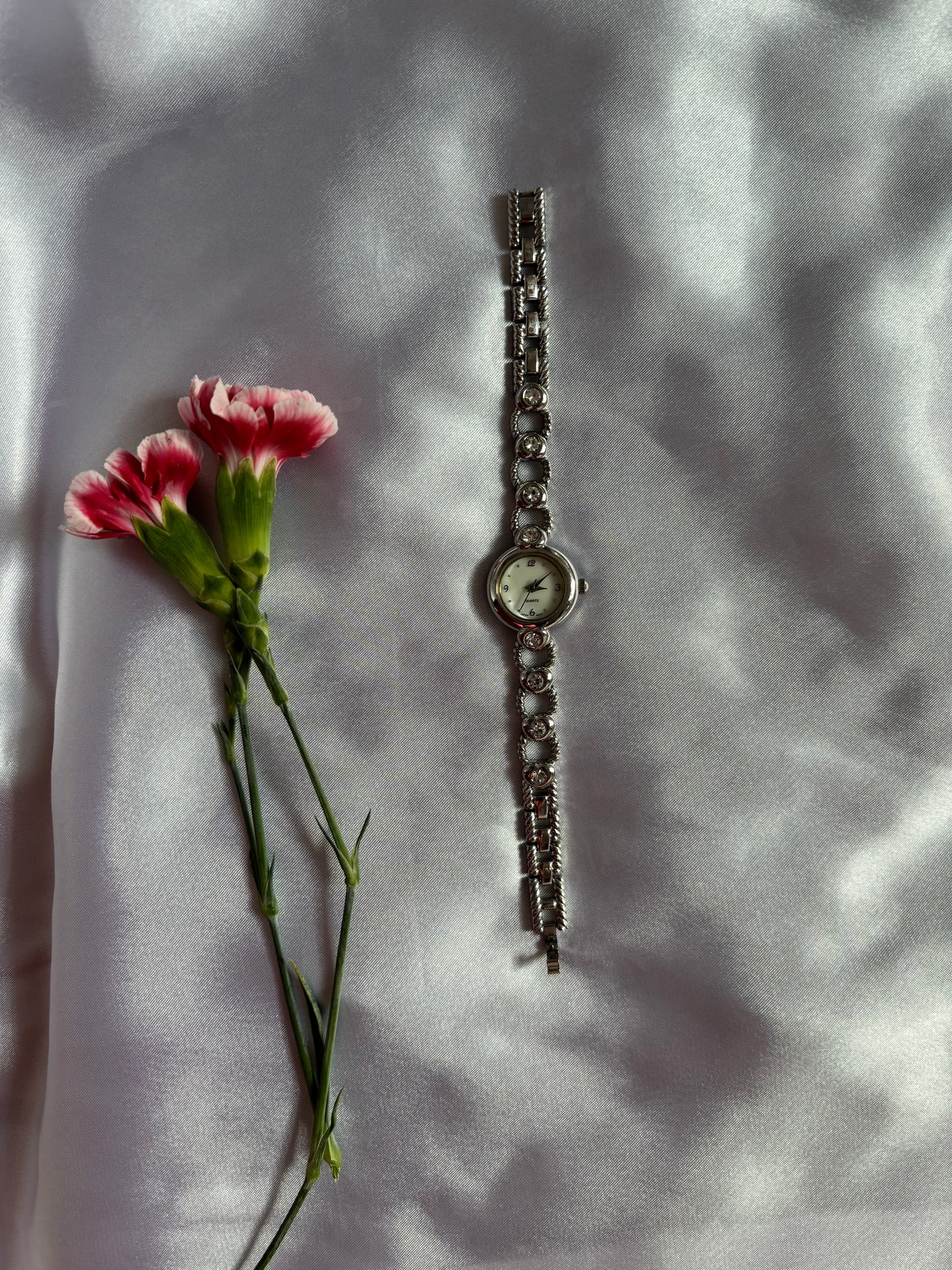 the prettiest skinny dainty vintage silver heart jeweled bezel watch