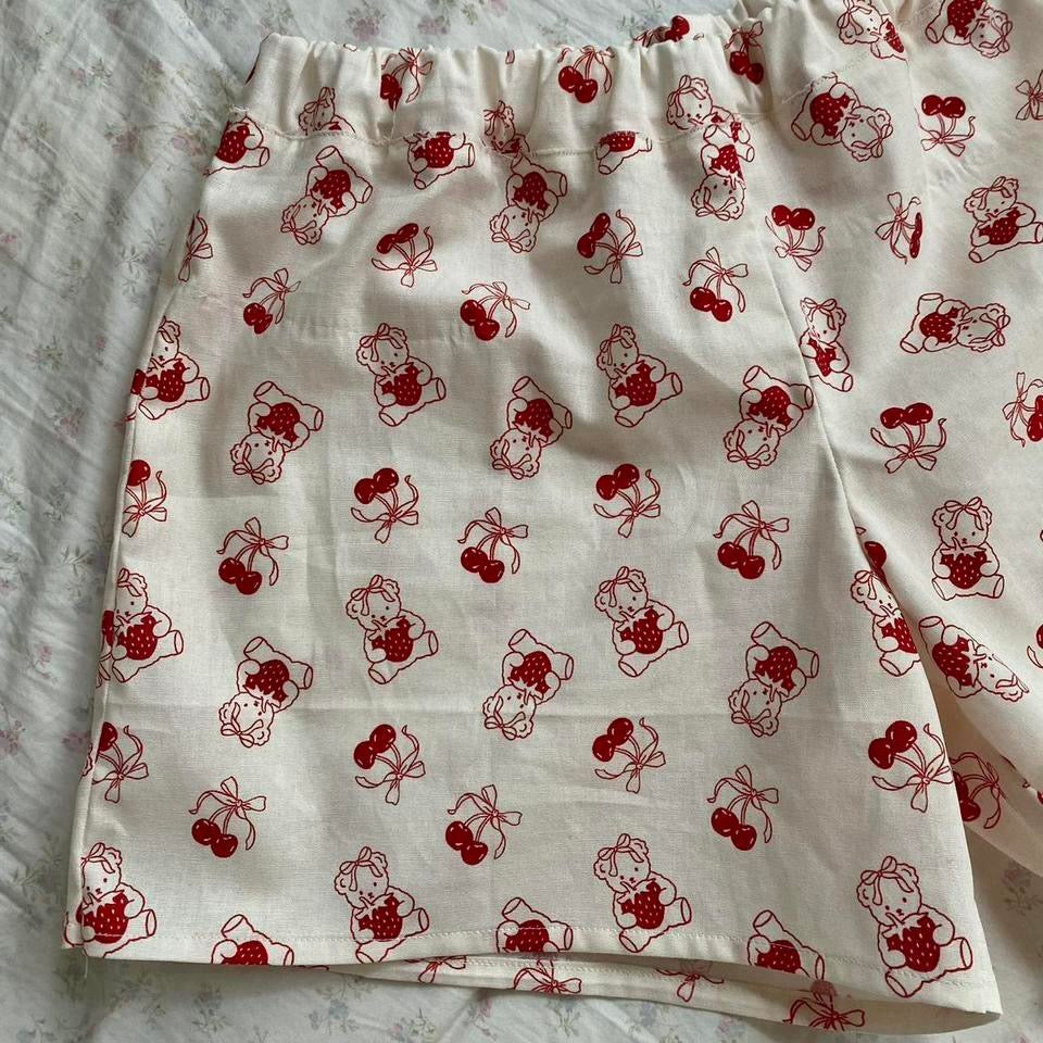 cherry bow & bear pattern lounge shorts
