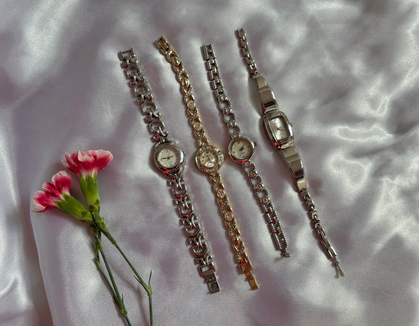 the prettiest skinny dainty vintage silver heart jeweled bezel watch