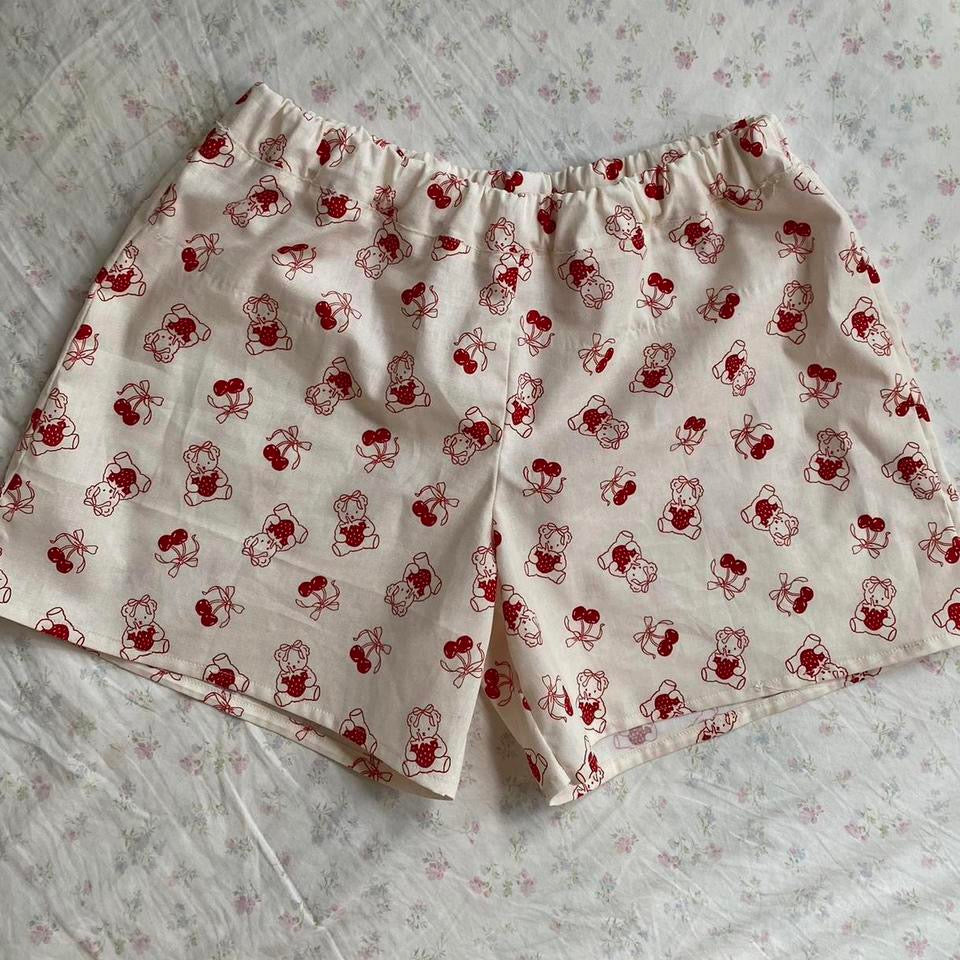 cherry bow & bear pattern lounge shorts
